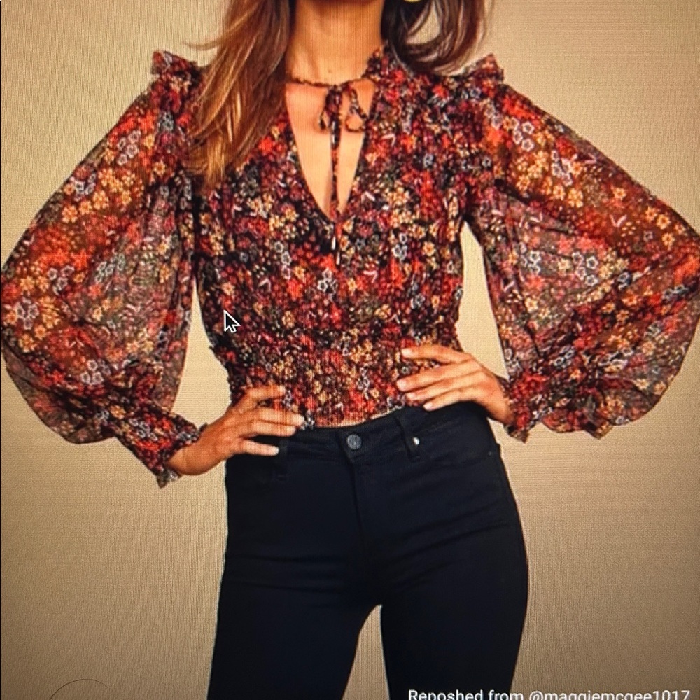 Free People Twyla Blouse, women’s size medium. Cropped sheer floral print. EC